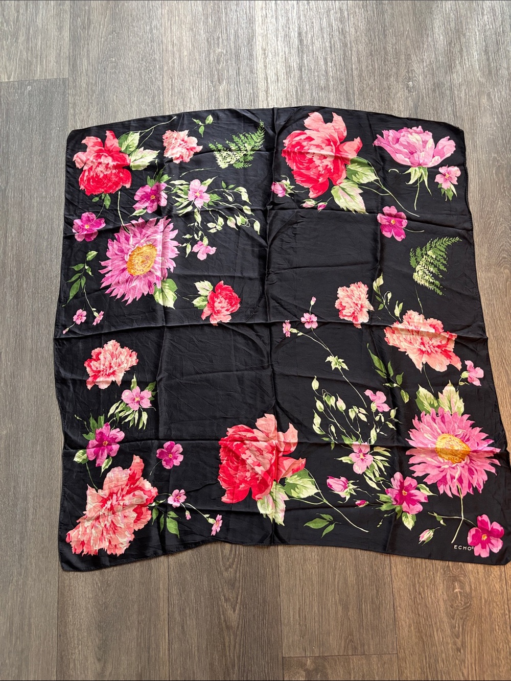 Echo Large Black Floral Scarf with Pink and Green Accents